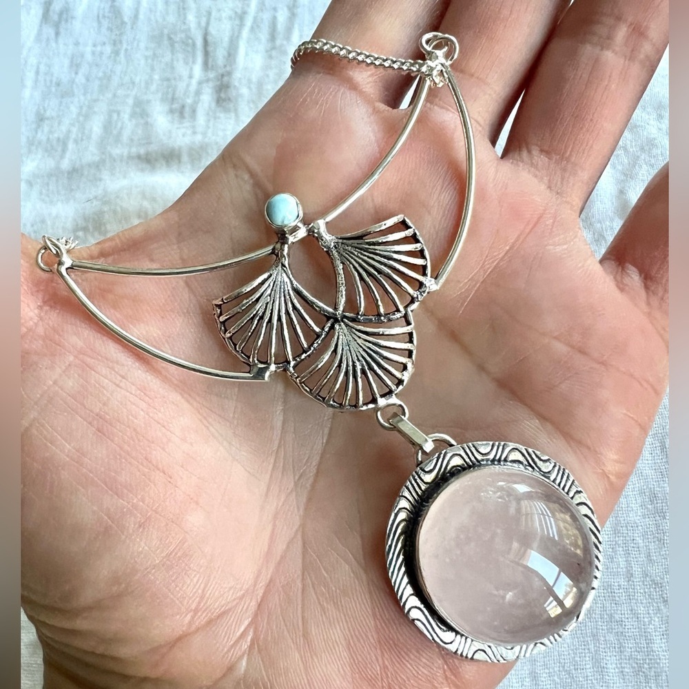 925 ORNATE Rose Quartz + Larimar Necklace Pendant - Picture 1 of 10